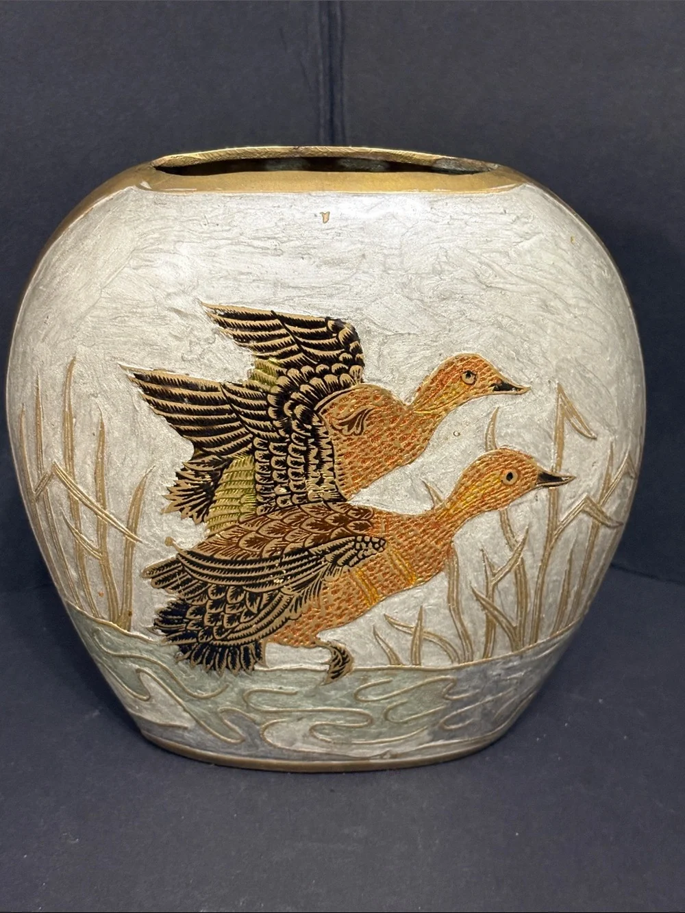 Vintage Brass Vase Geese Waterfowl Etched Enamel Cloisonne Style